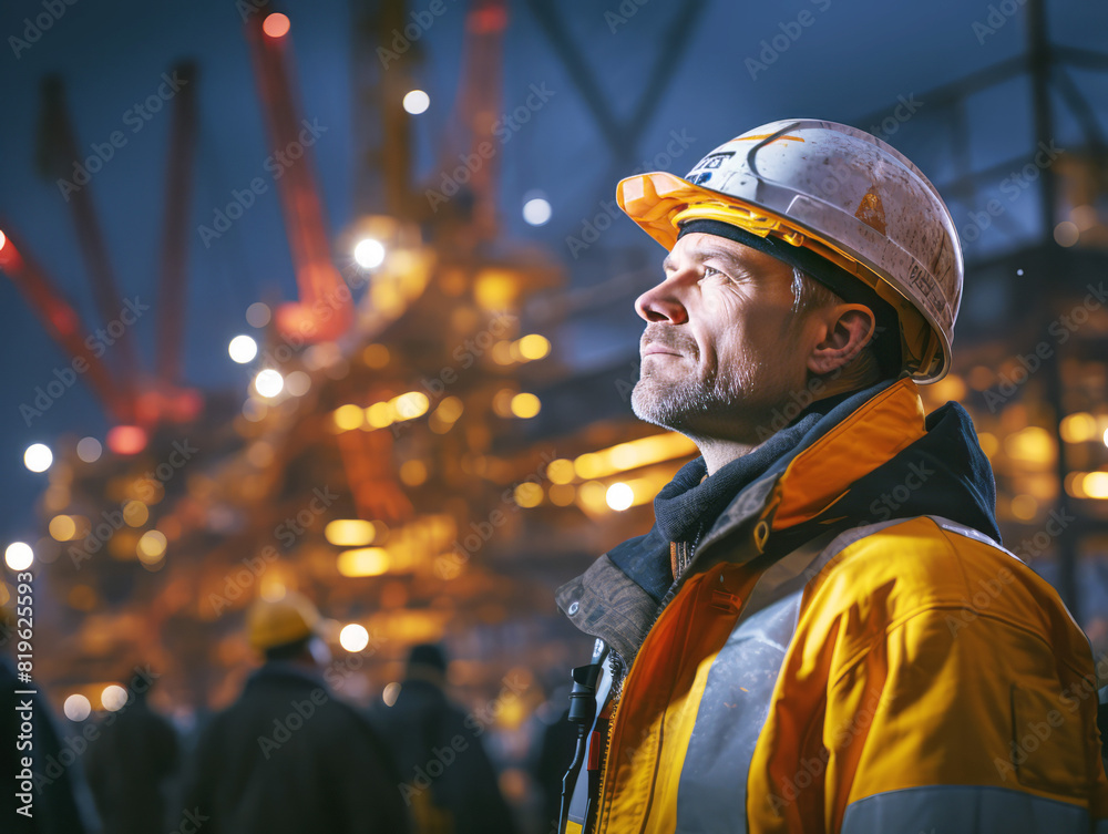 A worker in a helmet and reflective jacket on an industrial site at night, illuminated backdrop, concept of labor. Generative AI A worker in a helmet and reflective jacket on an industrial site at night, illuminated backdrop, concept of labor. Generative AI