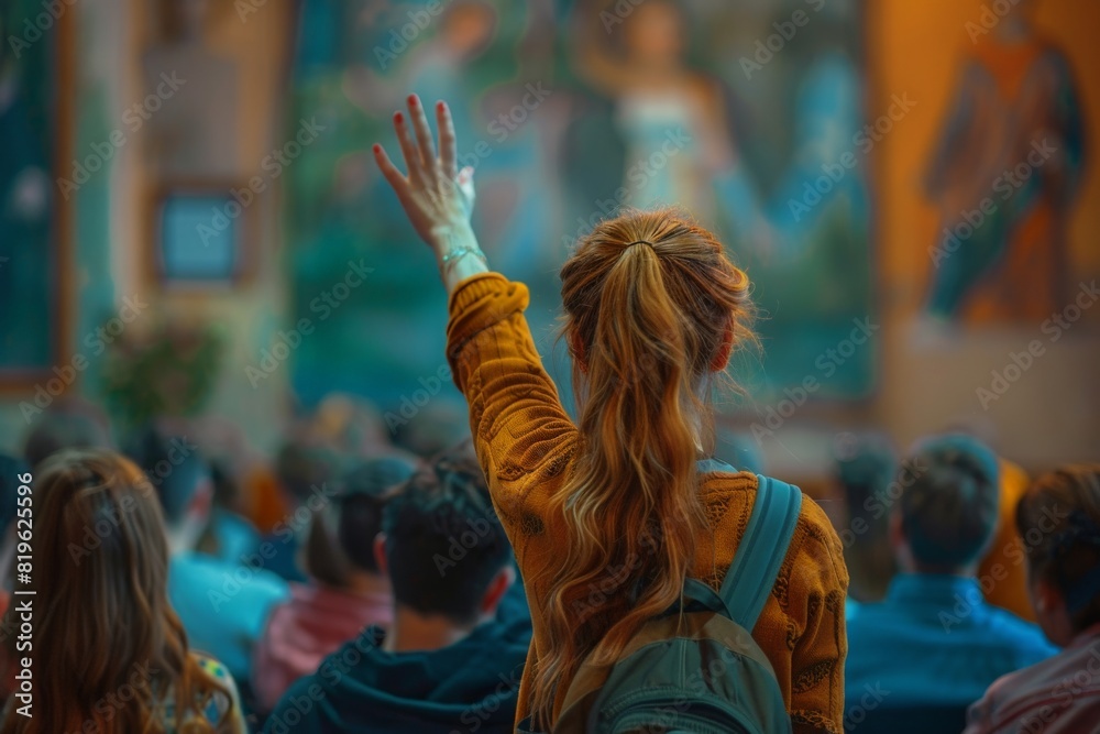 Female student raising hand to ask a question