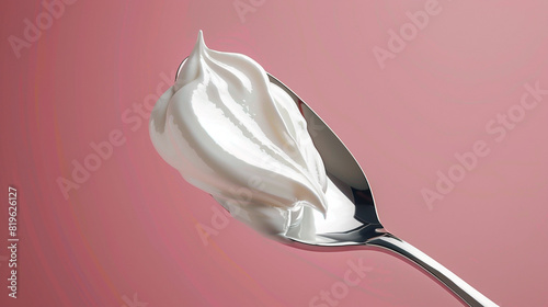Spoonful of creamy white substance against a pink background