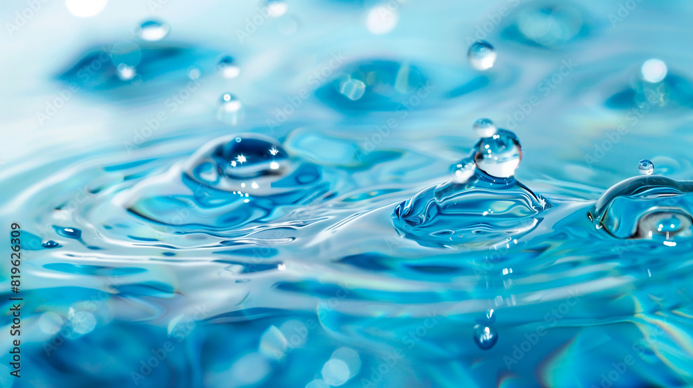 Close-up of water droplets creating ripples on a blue surface, emphasizing purity and tranquility