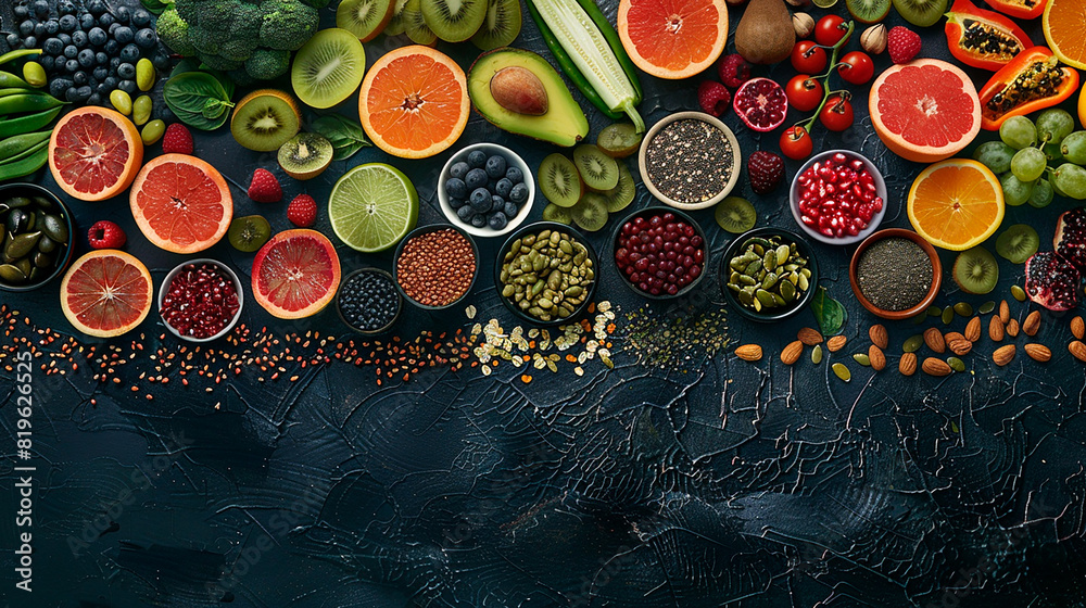 Assortment of fresh fruits, seeds, and vegetables laid out on a dark background, promoting healthy eating Assortment of fresh fruits, seeds, and vegetables laid out on a dark background, promoting healthy eating