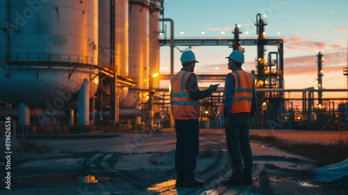 Energy engineers stand and talk in an oil depot that is a storage area for energy resources that meets environmental conservation standards. Ai generate.