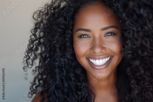 Black Hair Cut. Healthy Teeth Smile of Beautiful Woman with Long Curly Hairstyle