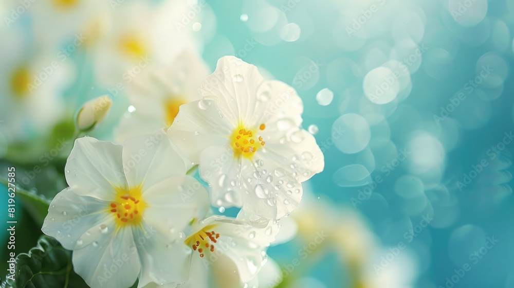 Joyful Background. Spring Forest White Flowers Primroses on a Beautiful Blue Floral Backdrop Joyful Background. Spring Forest White Flowers Primroses on a Beautiful Blue Floral Backdrop
