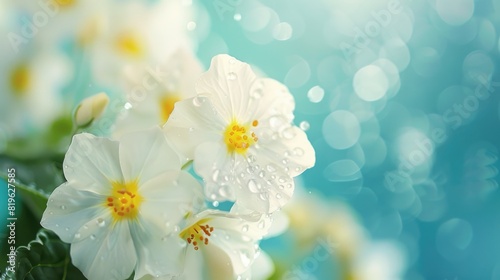 Joyful Background. Spring Forest White Flowers Primroses on a Beautiful Blue Floral Backdrop
