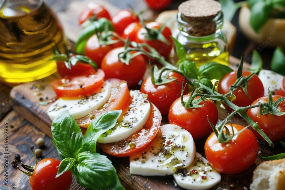 Food Oil. Caprese Salad on Old Oak Table with Mozzarella, Cherry Tomatoes, Basil and Olive Oil