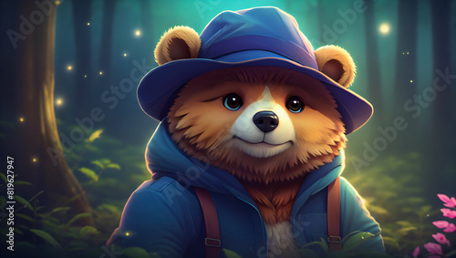 Illustration of a cute and friendly bear wearing a hat as he stands in a beautiful forest longing for adventure