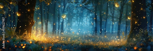 Nature Background Night. Abstract Forest Scene with Firefly in Fairy Tale Concept