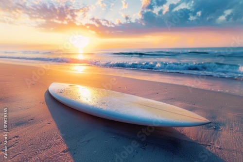Surfboard Beach at Sunset. Tropical Holiday View with Sporty Surfing Waves photo