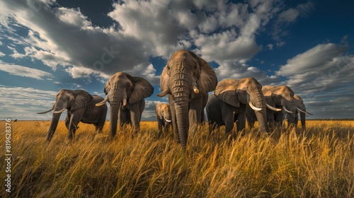 A group of elephants standing in a field with a cloudy sky in the background