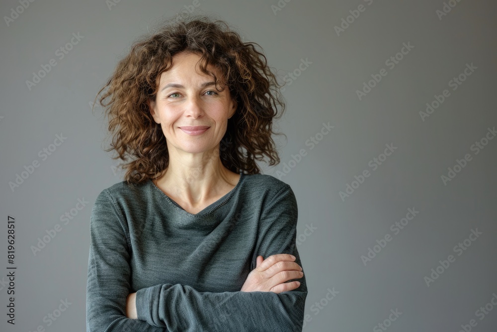 Obraz premium European Woman. Portrait of Beautiful Middle-Aged Female with Curly Hair Smiling on Grey Background