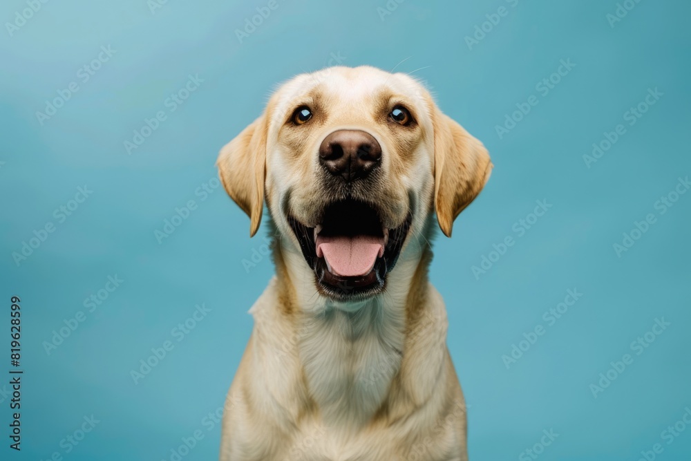 Labrador Dog Portrait: Cute Blond Young Retriever in Studio Setting on Blue Turquoise Background Labrador Dog Portrait: Cute Blond Young Retriever in Studio Setting on Blue Turquoise Background