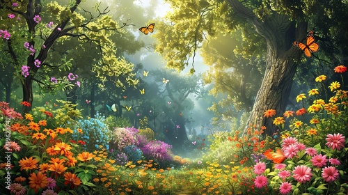 Describe a serene scene where colorful flowers and butterflies adorn the trees in a peaceful forest