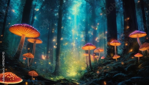 A magical scene of an enchanted forest filled with glowing mushrooms and fireflies. The mystical atmosphere and vibrant lights make this image perfect for fantasy and nature themes.