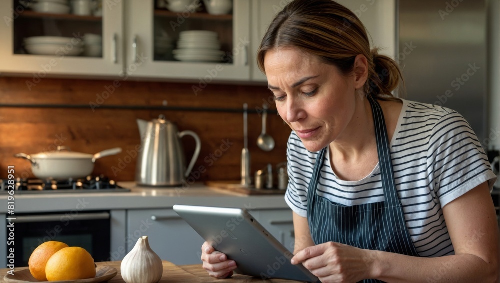 woman in kitchen using computer woman in kitchen using computer