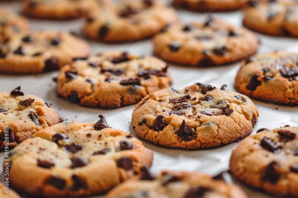 Bake Cookies. Close-up of freshly baked American chocolate cookies on kitchen parchment paper