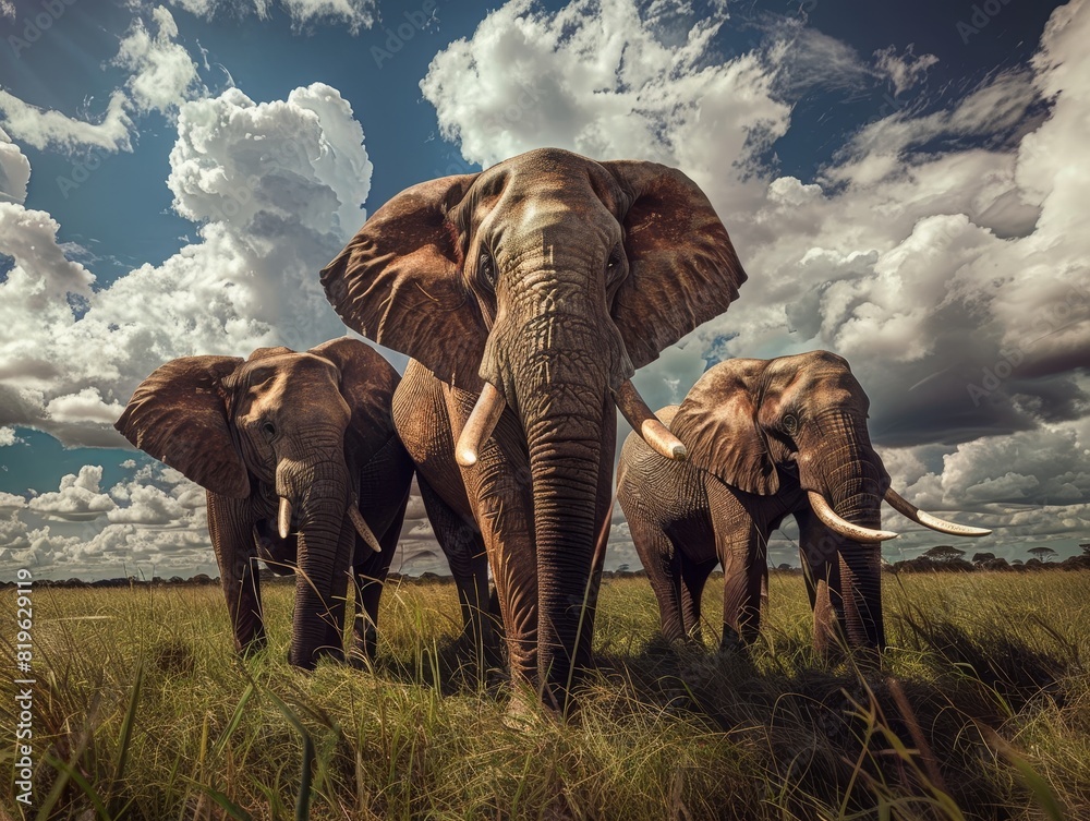 Fototapeta premium A group of elephants standing in a field with a cloudy sky in the background