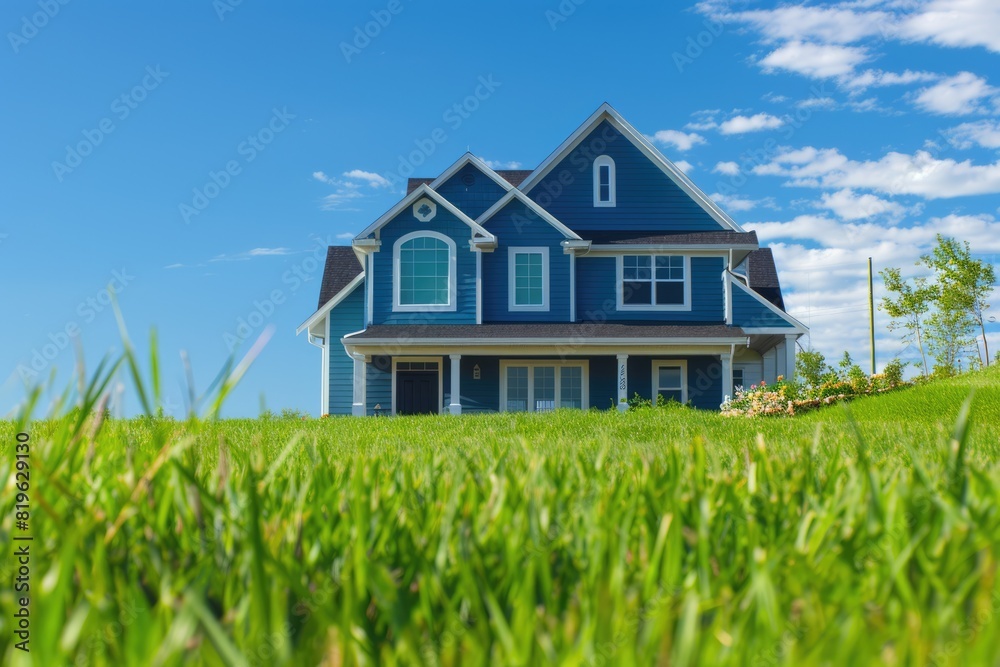 House And Grass. Front-Facing Blue Traditional Siding Home with Curb Appeal in Suburbs