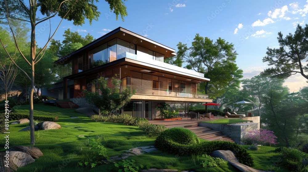 Home Rendering. Three-Dimensional Day Scene with Sunlit Sky and Peaceful Hill View