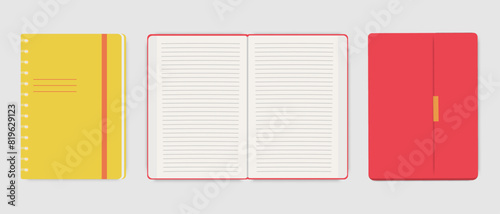 Vector realistic diary template. Notepad with blank open page in line, notepad with clasp, notebook with metal spiral. Stationery items concept.