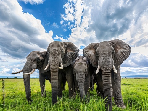 A group of elephants standing in a field with a cloudy sky in the background photo