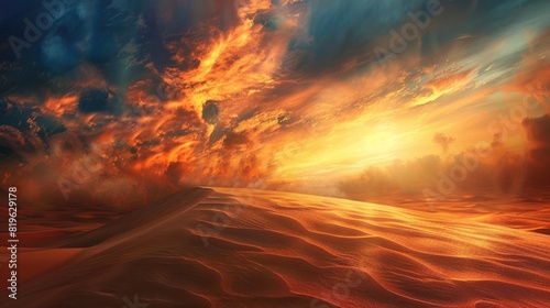 Desert Sands. Sunset Landscape with Dramatic Sand Storm in Abstract Sky Background