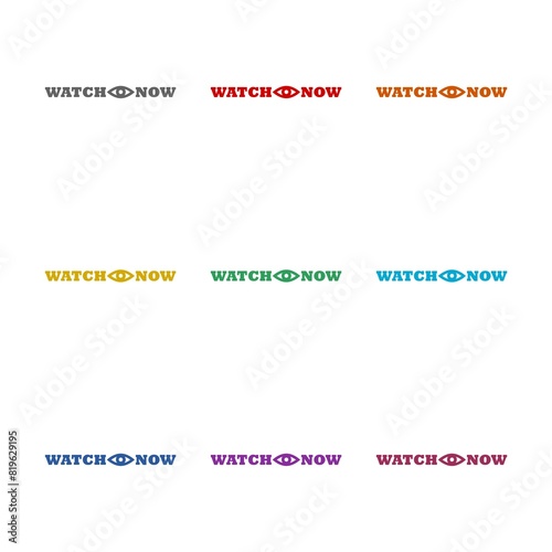 Watch now button logo icon isolated on white background. Set icons colorful