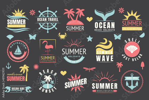 Summer logo. Sun beach. Vintage travel stamp. Holiday label. Summertime party card. Sea surfing. Island palm. Tropical ocean waves. Yacht wheel. Vacation emblem templates set. Vector garish design