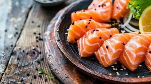 Salmon sashimi on wood background. Generative AI photo