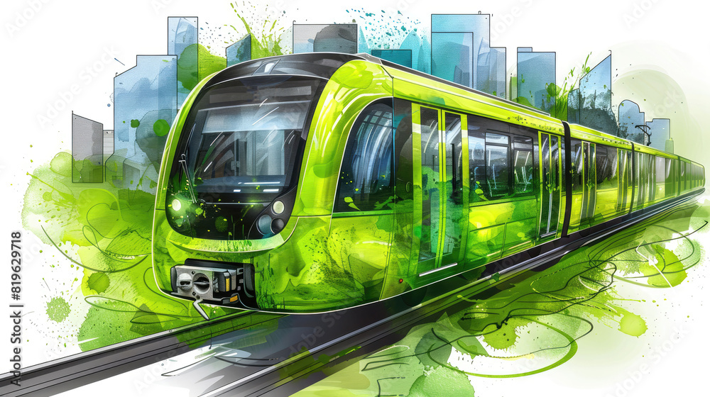 Naklejka premium A green train is traveling down a track with a city in the background