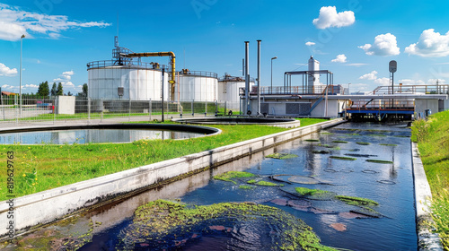 A water treatment plant buzzing with activity, as gallons of water undergo purification processes amidst a backdrop of ecological balance and industrial efficiency photo