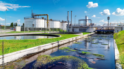 A water treatment plant buzzing with activity, as gallons of water undergo purification processes amidst a backdrop of ecological balance and industrial efficiency