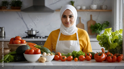 Muslim woman in hijab and apron preparing vegetable salad in the kitchen. Arabic housewife cooking at home. Halal food	
 photo