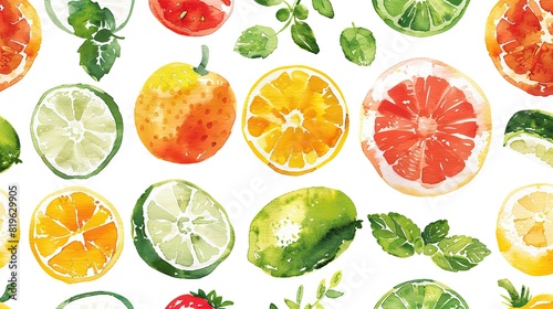 A watercolor painting of various fruits and vegetables, including oranges