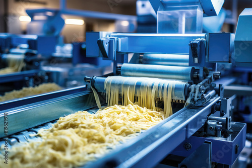 An intricate pasta-making machine in a bustling factory mixes, kneads, and shapes dough into various types of pasta