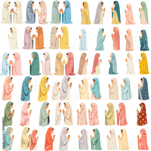 Illustration of Muslim women in hijabs praying, featuring diverse colors, modest fashion, and spiritual devotion in a peaceful and artistic hand-drawn style