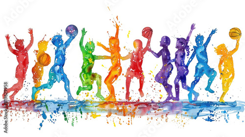 A group of children playing sports, including basketball, soccer, and tennis