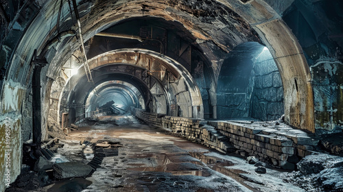 An abandoned tunnel in an underground mine  illuminated by a mysterious light shining through the darkness