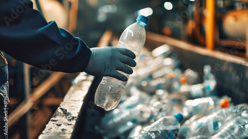 A workers hands carefully place plastic bottles into a recycling bin at a waste recycling plant photo