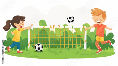 A boy and a girl playing soccer