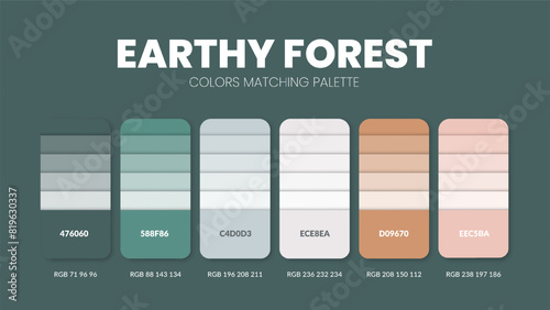 Color palette guide in Earthy colour theme collections. Color inspiration or chart with codes template. Color combination RGB. Colors swatches for graphic design, art, fashion or painting. Vector. photo