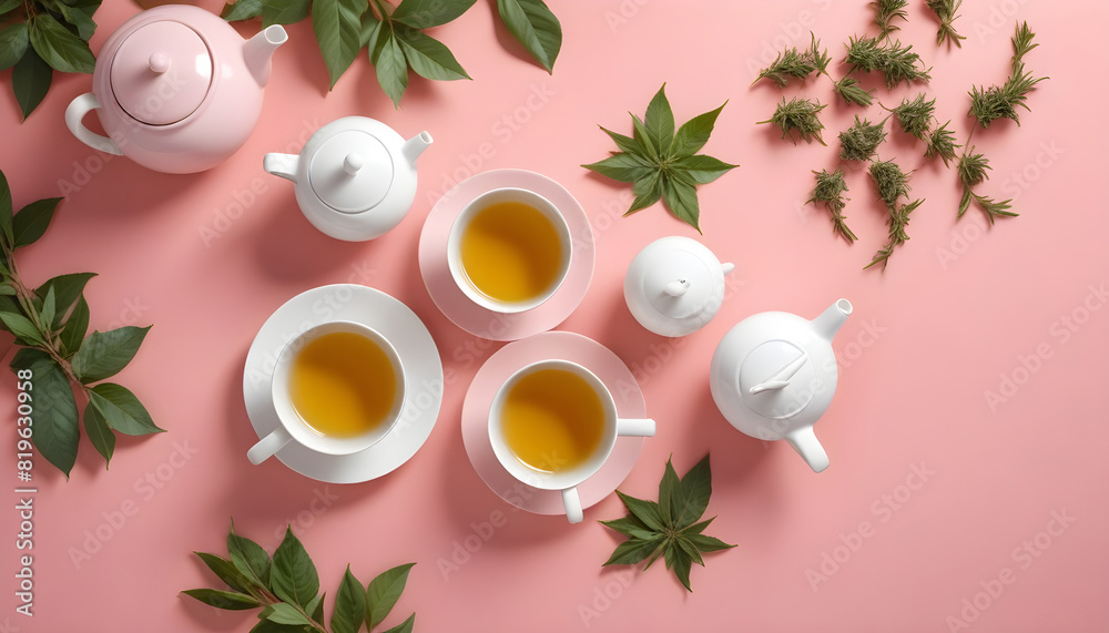 Tea set White cups and teapot Green herbal tea Overhead 7 Tea set White cups and teapot Green herbal tea Overhead 7