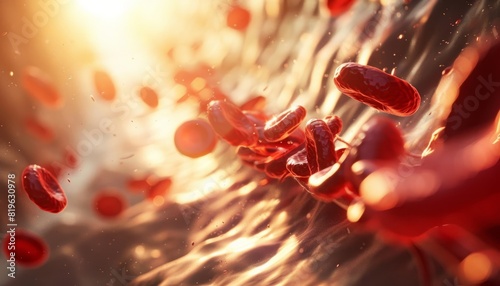 A 3D-rendered depiction of red blood cells flowing in a vein, illustrating medical concepts like cancer, anemia, and vascular health photo