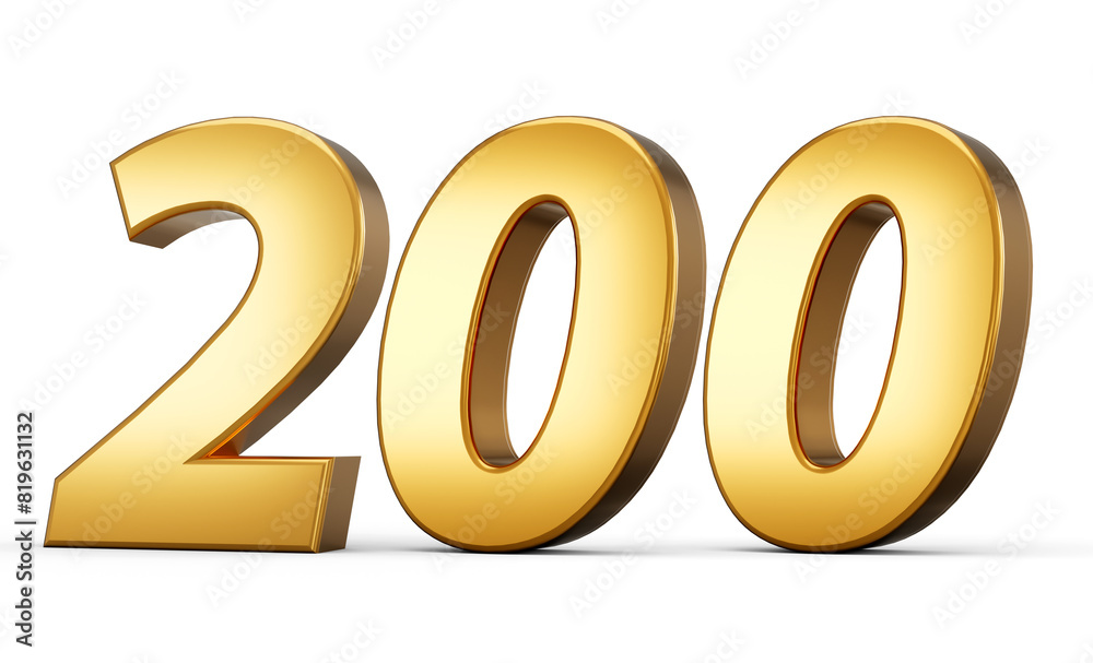 3d number 200 two hundred Gold text isolated on white background with reflection 3d illustration 3d number 200 two hundred Gold text isolated on white background with reflection 3d illustration