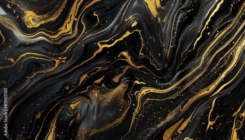 An abstract art background featuring liquid gold patterns on black marble, creating a luxurious and modern wallpaper design