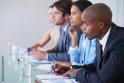 Business, people and water in boardroom with paper for writing notes in finance presentation. Corporate lawyers, conference and documents for diversity, strategy or planning company growth in office