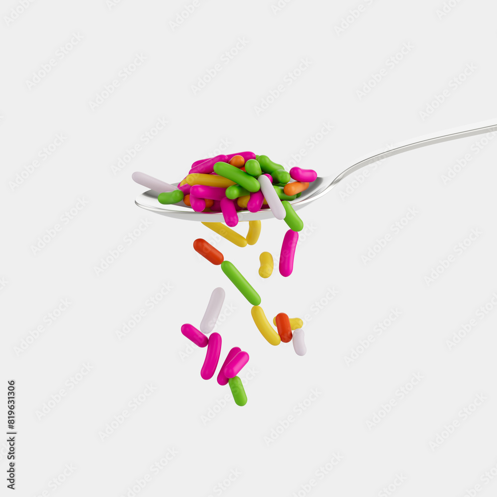 Rainbow Sprinkles For Cakes And Bakery Items Rest On Silver Spoon Few Trickle Down 3D Illustration