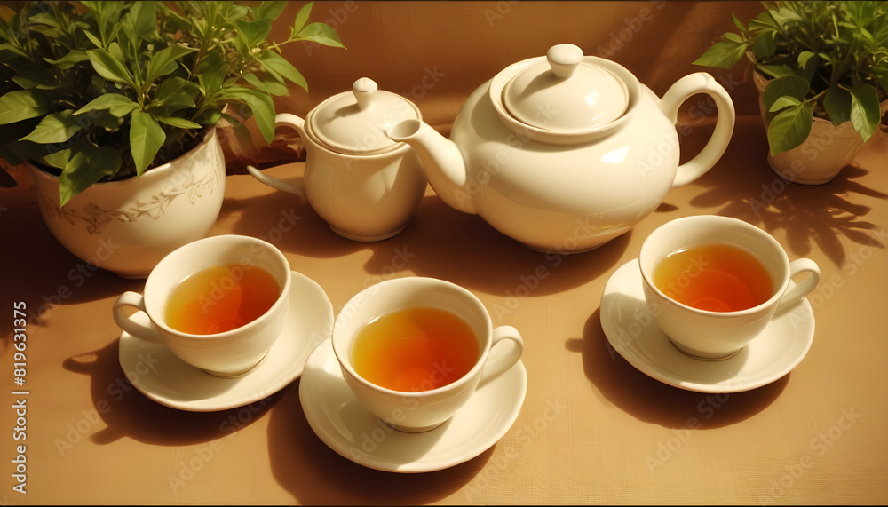 Tea set White cups and teapot Green herbal tea Overhead 15 Tea set White cups and teapot Green herbal tea Overhead 15