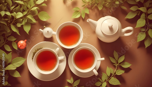 Tea set White cups and teapot Green herbal tea Overhead 19 photo