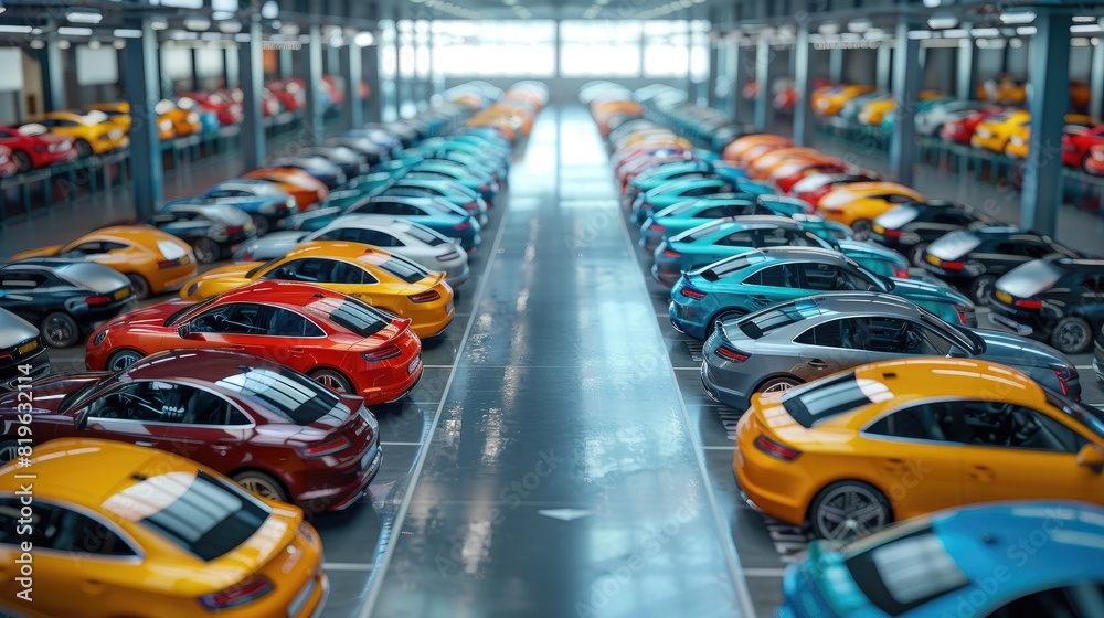 A row of cars are parked in a lot, with some of them being yellow. The scene gives off a sense of organization and order